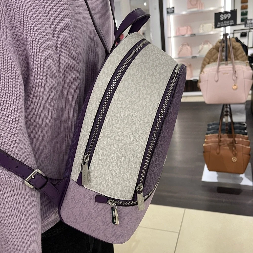 MICHAEL KORS Rhea Medium Zip Color-Block Signature Logo Backpack Dark Purple MLT